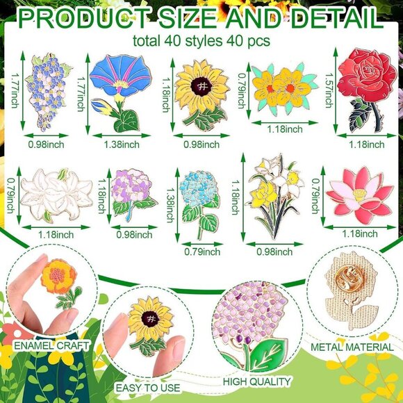 40 Pcs Floral Enamel Pins Bulk Women Girl Gifts Multi-Color Brooches Accessories main image 6